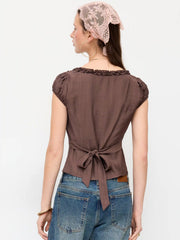 Textured V-Neck Puff Sleeve Bowknot Ruffled Blouse