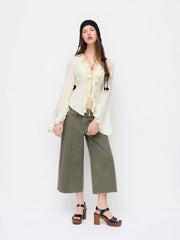 Striped Tie Front Cinched Waist Ruffle Sleeve Blouse