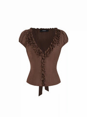 Textured V-Neck Puff Sleeve Bowknot Ruffled Blouse