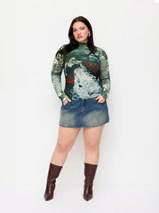Mesh Oil Painting High Neck Lettuce Trim Bodysuit Curve & Plus