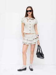 Cotton-blend Peter Pan Collar Puff Sleeve Blouse