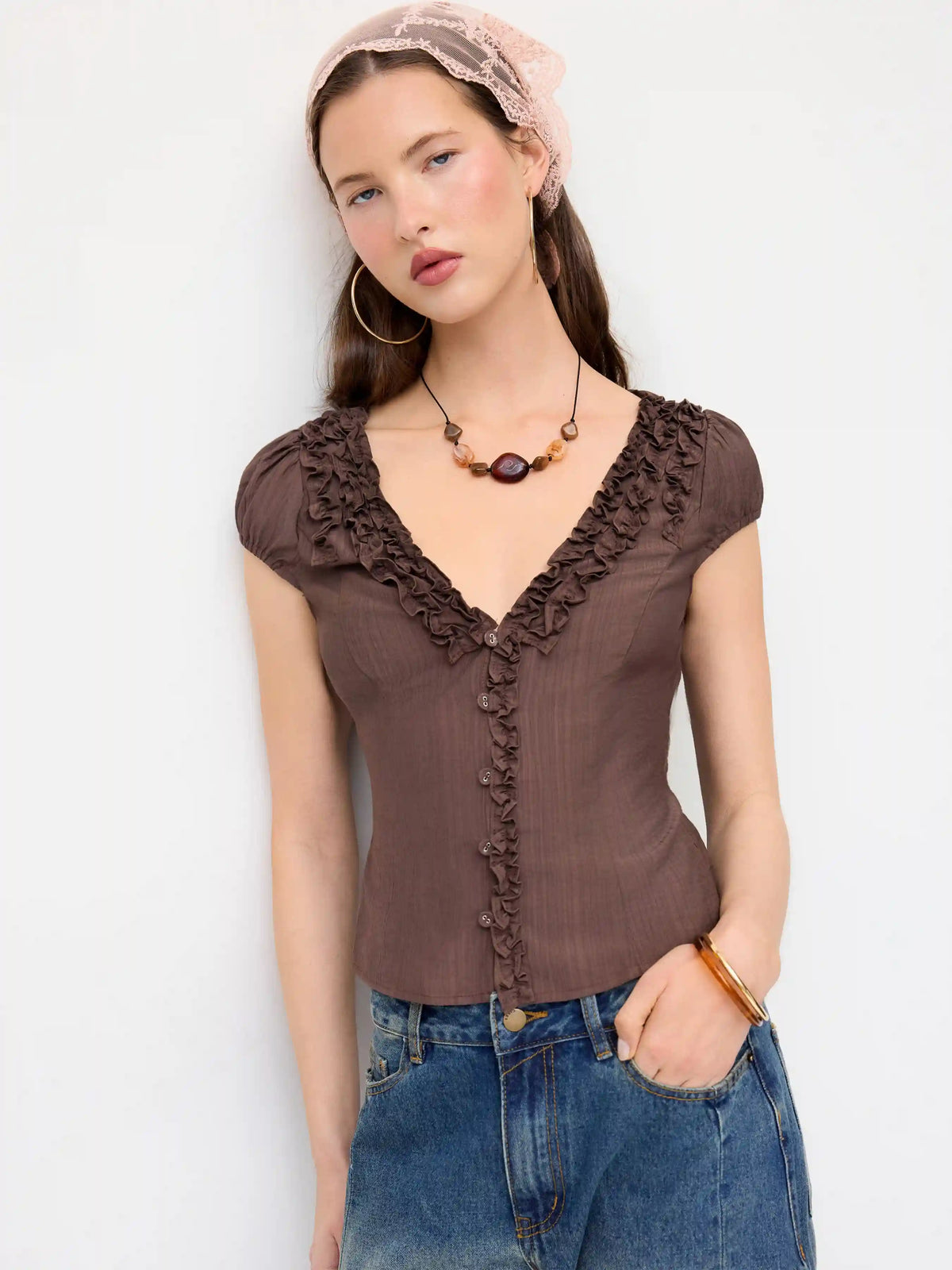 Textured V-Neck Puff Sleeve Bowknot Ruffled Blouse