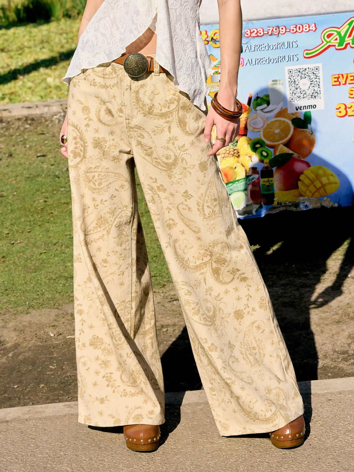 Cider Denim Floral Low Rise Wide Leg Jeans