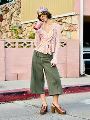Knit Bell Sleeve Ruffled Hem Knotted Hollow Out Cardigan