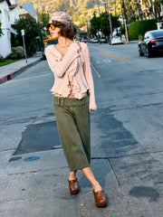 Knit Bell Sleeve Ruffled Hem Knotted Hollow Out Cardigan