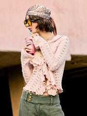 Knit Bell Sleeve Ruffled Hem Knotted Hollow Out Cardigan