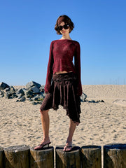 Textured Lace Low Rise Asymmetrical Hem Flared Midi Skirt With Belt