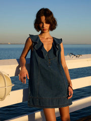 V-neck Collar Washed Denim A-line Oversized Mini Dress