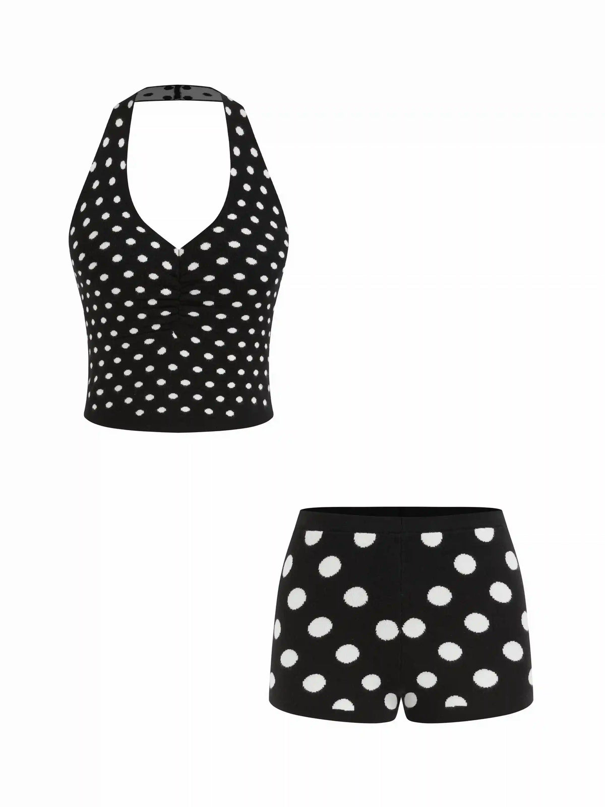 Knit Polka Dot Halter Neck Crop Top & Micro Shorts Set