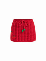 Crochet Knit Mid Rise Tomato Applique Bodycon Mini Skirt