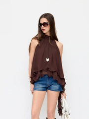 Chiffon Halter Neck Ruffle Hem Oversized Blouse