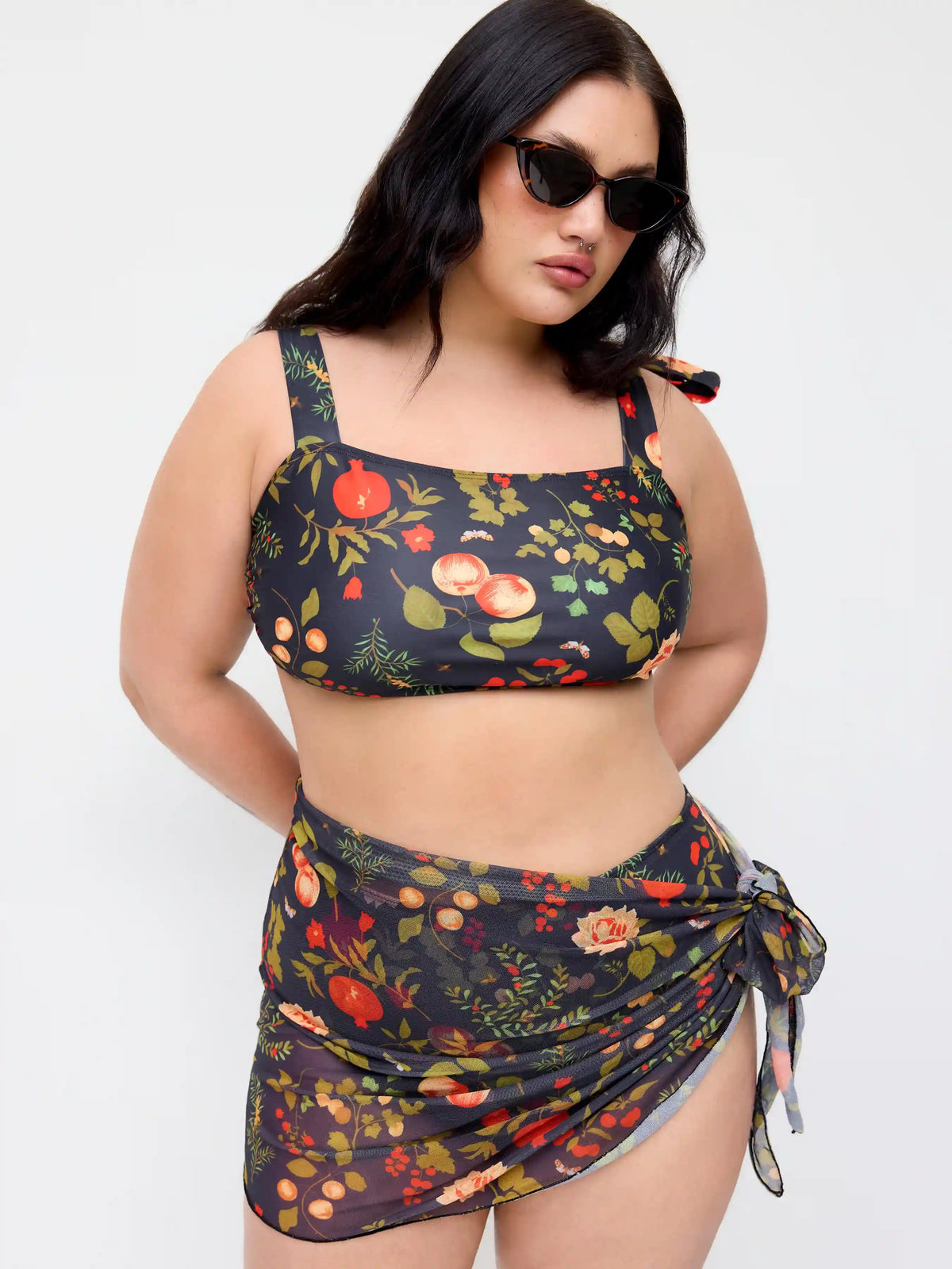 Square Neck Floral Bracelet Cheeky Shaping Bikini Set With Sarong Curve & Plus