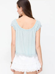 Textured Scoop Neck Drawstring Lace Trim Oversized Top