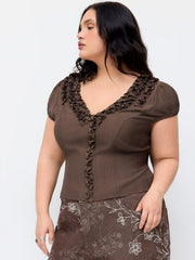 V-Neck Puff Sleeve Bowknot Ruffle Blouse Curve & Plus