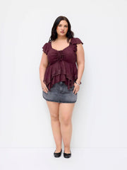 Lace Sweetheart Ruffle Hem Knotted Short Sleeve Top Curve & Plus