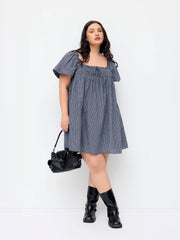 Cotton-blend Square Neck Plaid Puff Sleeve Smock Mini Dress Curve & Plus