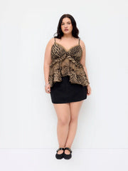 Chiffon Leopard V-neck Lace Trim Cami Top Curve & Plus