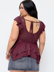 Lace Sweetheart Ruffle Hem Knotted Short Sleeve Top Curve & Plus