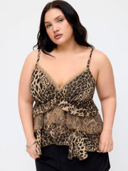 Chiffon Leopard V-neck Lace Trim Cami Top Curve & Plus