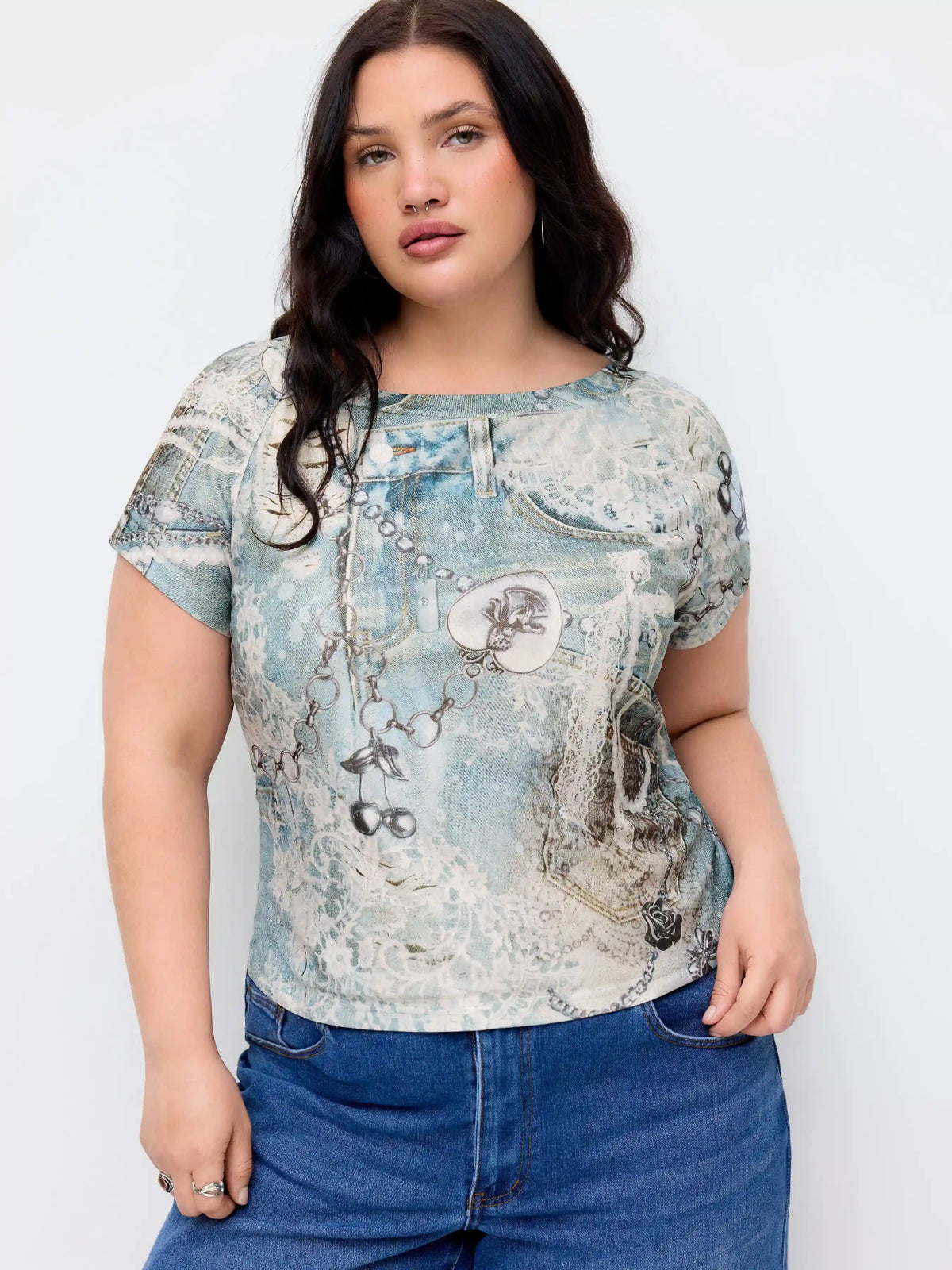 Boat Neck Lace Graphic Short Sleeve Cropped Top Curve & Plus