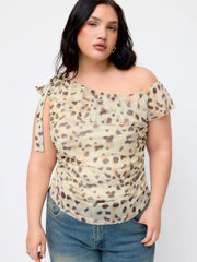 Mesh Leopard Asymmetrical Neck Bowknot Ruffle Blouse Curve & Plus