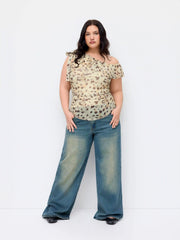 Mesh Leopard Asymmetrical Neck Bowknot Ruffle Blouse Curve & Plus