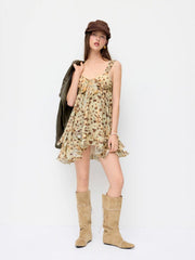 Chiffon Sweetheart Bowknot Ruffled Babydoll Mini Dress