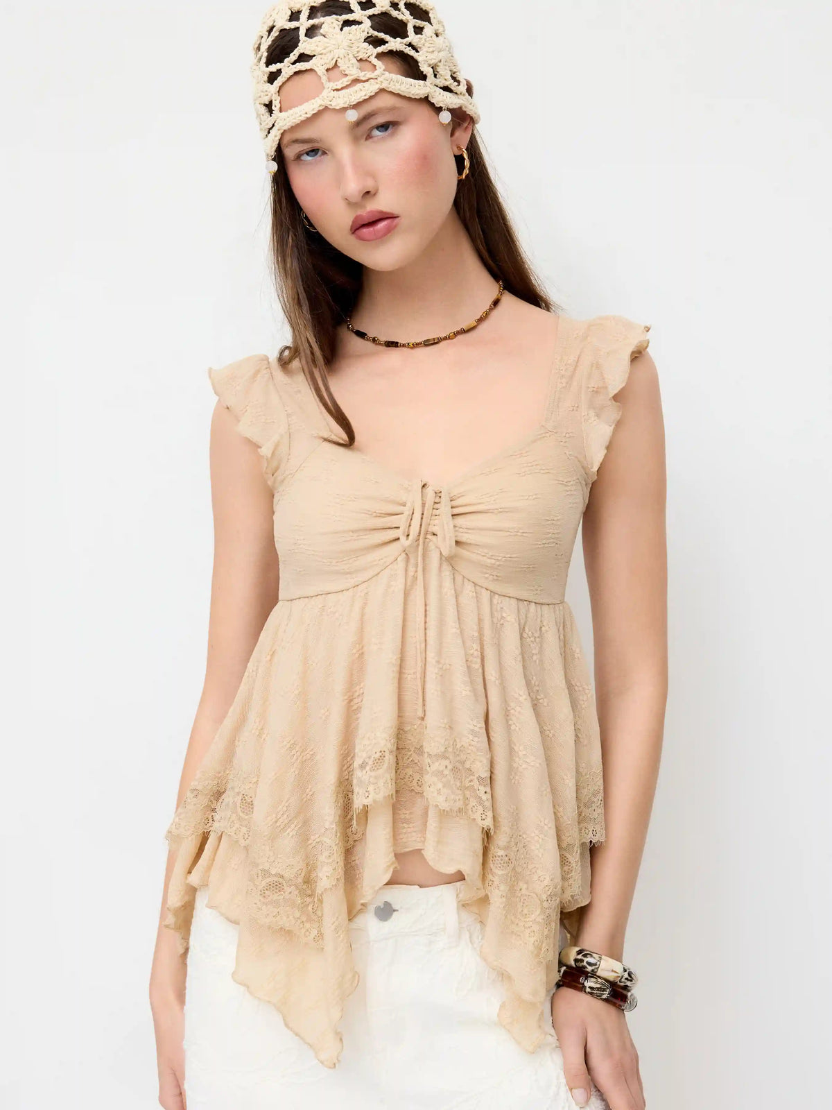 Lace Sweetheart Ruffle Hem Knotted Short Sleeve Top