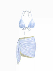 Reversible Floral & Gingham Halter Neckline Triangle Bikini Set With Cover Up Skirt