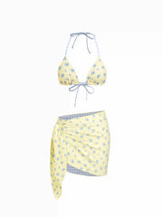 Reversible Floral & Gingham Halter Neckline Triangle Bikini Set With Cover Up Skirt