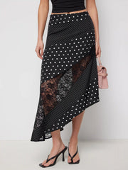 Satin Low Rise Polka Dot Lace Panel Asymmetrical Flared Midi Skirt