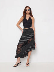 Satin Low Rise Polka Dot Lace Panel Asymmetrical Flared Midi Skirt