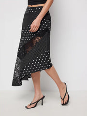 Satin Low Rise Polka Dot Lace Panel Asymmetrical Flared Midi Skirt