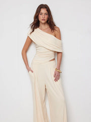 Asymmetrical Neck Ruched Top & Mid Rise Wide Leg Trousers Set
