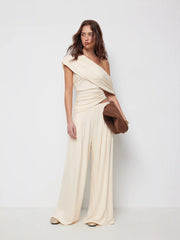 Asymmetrical Neck Ruched Top & Mid Rise Wide Leg Trousers Set