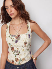 Scoop Neckline Floral Lace Up Crop Tank Top