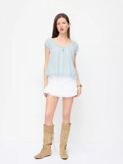 Textured Scoop Neck Drawstring Lace Trim Oversized Top