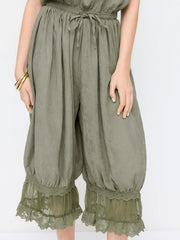 V-neck Lace Panel Oversized Drawstring Bloomer Jumpsuit