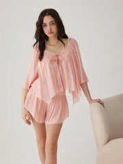 Square Neckline Lace Trim Drawstring Top & Shorts Loungewear Set