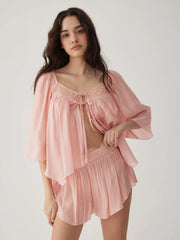 Square Neckline Lace Trim Drawstring Top & Shorts Loungewear Set