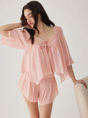 Square Neckline Lace Trim Drawstring Top & Shorts Loungewear Set