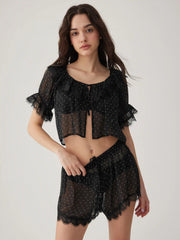 Chiffon Polka Dot Lace Trim Ruffled Crop Top & Shorts Loungewear Set
