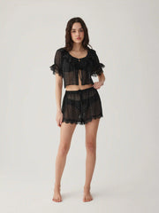 Chiffon Polka Dot Lace Trim Ruffled Crop Top & Shorts Loungewear Set