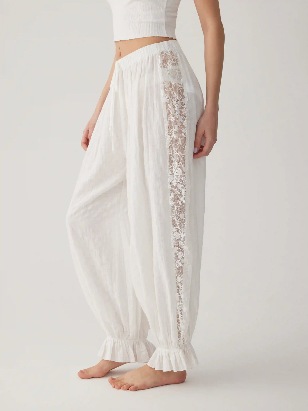 Cotton-blend Mid Rise Lace Drawstring Bloomer Lounge Trousers