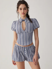 Cotton-blend Gingham Stand Collar Puff Sleeve Cut Out Shirred Top & Mid Rise Bubble Hem Shorts Set
