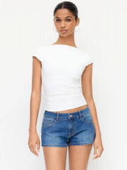 Stretch Denim Low Rise Floral Shorts