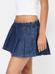 Denim Pleated Low Rise Ruched Wide Leg Shorts