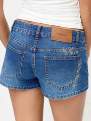 Stretch Denim Low Rise Floral Shorts