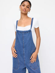 Denim Bowknot Mid Rise Wide Leg Overalls