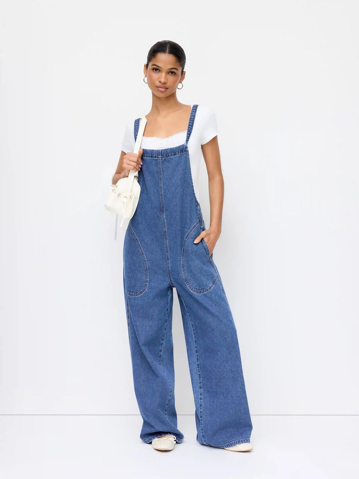 Denim Bowknot Mid Rise Wide Leg Overalls